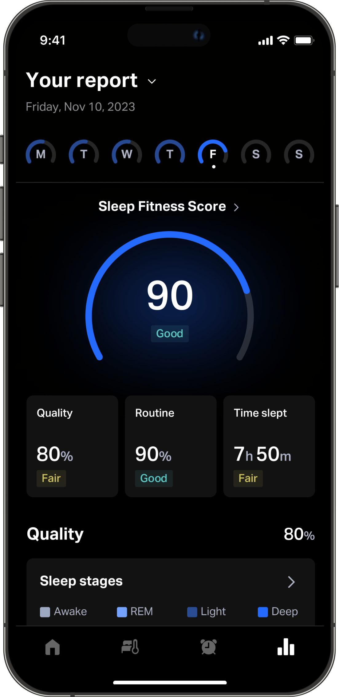 A smartphone with the Eight Sleep App dashboard showing a Sleep Fitness Score of 90
